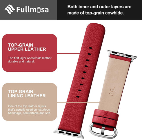 Fullmosa Leather Bands Compatible with Apple Watch Band 38mm-49mm, Women Men, Red/Silver