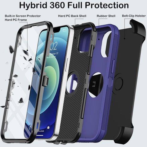 iPhone 12 & 12 Pro Case - Heavy Duty Rugged Cover with Belt Clip, Built-in Screen Protector, Kickstand (Deep Blue)