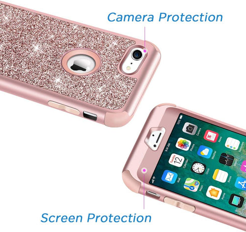 Hython Heavy Duty Full-Body Defender Case for iPhone 7 & 8, Rose Gold, Shockproof Hybrid Glitter Hard Shell Cover.