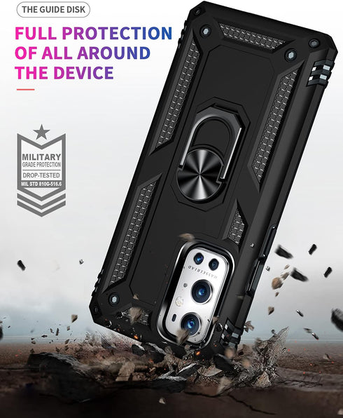 Military Grade Drop Impact Case for Oneplus 9 Pro, 360 Metal Rotating Ring Kickstand Holder, Heavy Duty (Black)