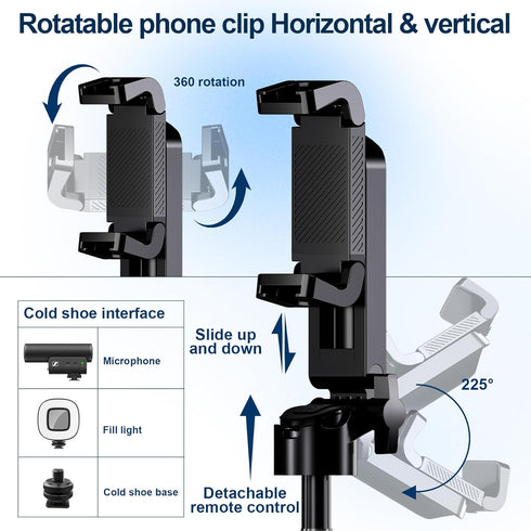 Docaharbour 360 Phone Tripod Stand with Zoom, Portable Selfie Stick with Detachable Remote and Rotatable Holder