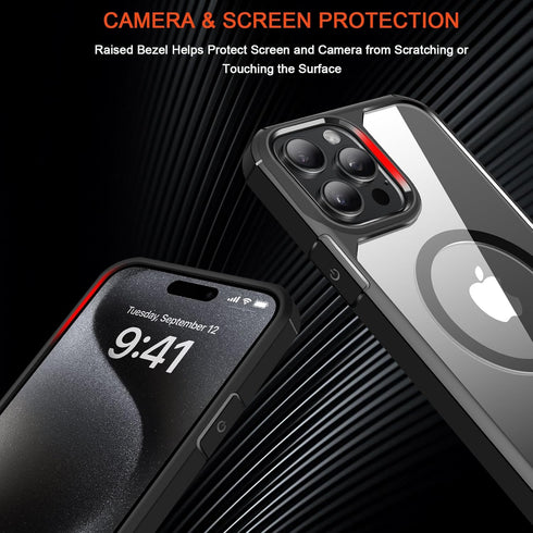 TENDLIN iPhone 15 Pro Magnetic Case - Crystal Clear Hard Back, Soft Bumper, MagSafe Compatible (Black)
