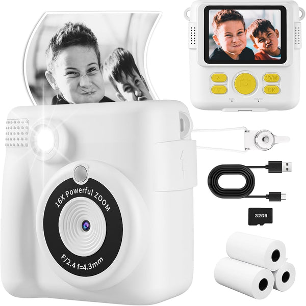 Instant Print Camera, Kids 1080P HD Digital Camera with 32G SD Card, 3 Rolls Photo Paper & 6 Color Pencils, Age 6-12