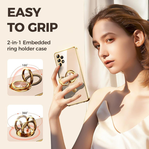 Samsung Galaxy A32 5G Case with 2 Pack Screen Protector, 360° Rotatable Ring Holder, Luxury Hearts Pattern - Pink