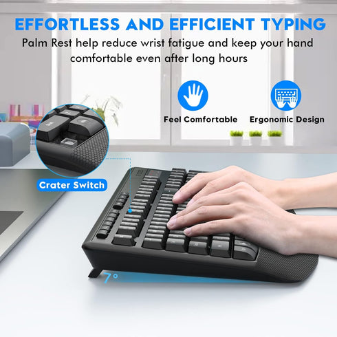 E-YOOSO Wireless Keyboard and Mouse Combo - 2.4GHz Full-Sized Ergonomic Keyboard with Wrist Rest, USB Mouse