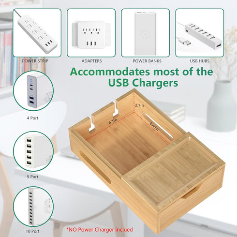 Bamboo Charging Station for Multiple Devices, Desk Organizer with Drawer & Tray, Wood Docking Station, 6 Cables