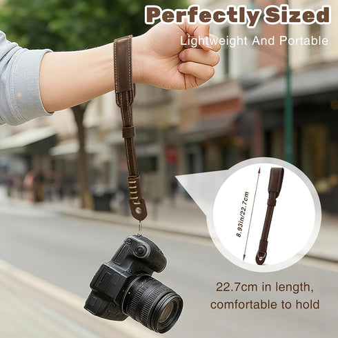 Brvlsoc Vintage Brown Leather Camera Wrist Strap Adjustable Safety Hand Strap for DSLR, SLR, and Mirrorless Cameras