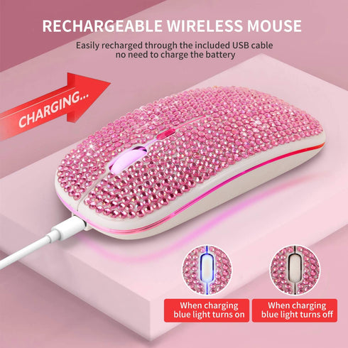 HXMJ Bling Dazzling Rechargeable Bluetooth Wireless Mouse, 2.4GHz+5.2, Crystal Diamond Rhinestone, RGB Backlit (Pink)