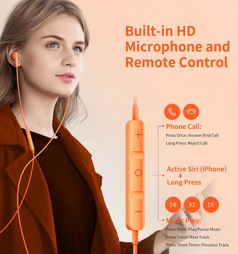 Wired Earbuds with Microphone, HiFi Stereo In-Ear Headphones, Compatible with iPhone, Android, 3.5mm Jack (Orange)