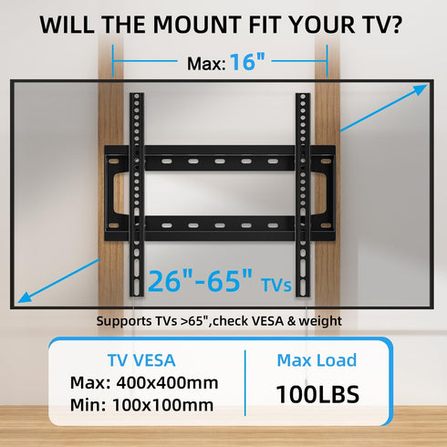HOME VISION 26-65 Inch 400X400mm 99Lbs 16 Inch HV8401 TV Wall Mount Fixed for Most Flat/Curved TVs with Max VESA up