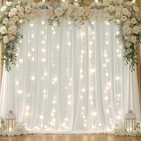 Shillance 10x10ft Cream White Chiffon Backdrop Curtain with Lights String for Wedding Sheer