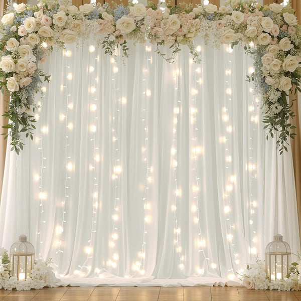 Shillance 10x10ft Cream White Chiffon Backdrop Curtain with Lights String for Wedding Sheer
