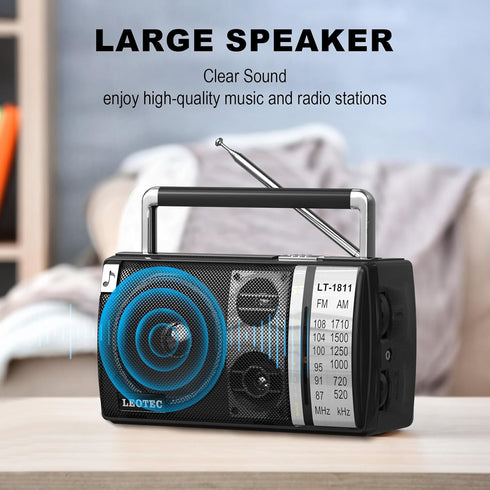 LEOTEC AM FM Portable Bluetooth Radio, Best Reception, Plug in Wall or Battery Operated, Great for Home