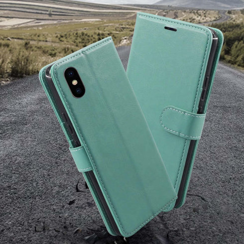MONASAY Flip Folio Wallet Case for iPhone X/Xs, 5.8", Mint - Leather, RFID Blocking, Credit Card Holder & Glass Screen