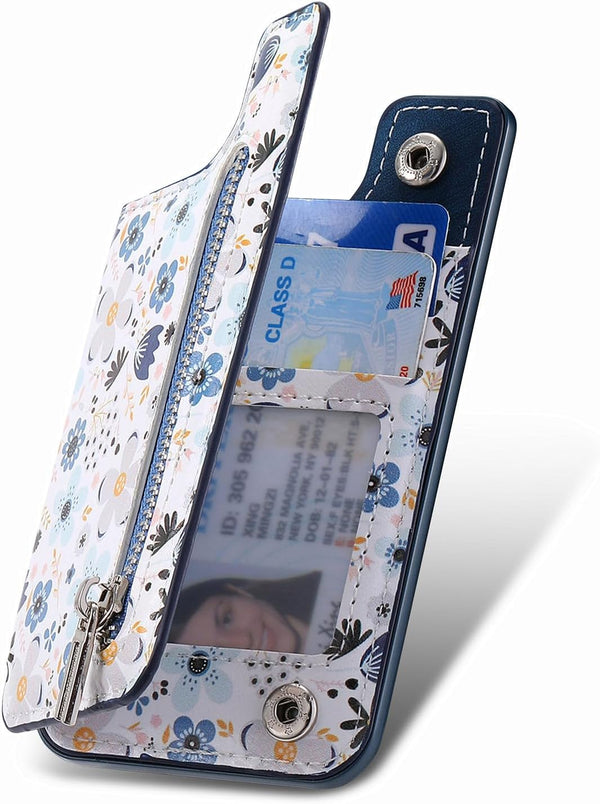 Stick on Wallet for Phone Case, Credit Adhesive Card Holder for Back of Phone Cases, Flip Leather Zipper Flower Wallet