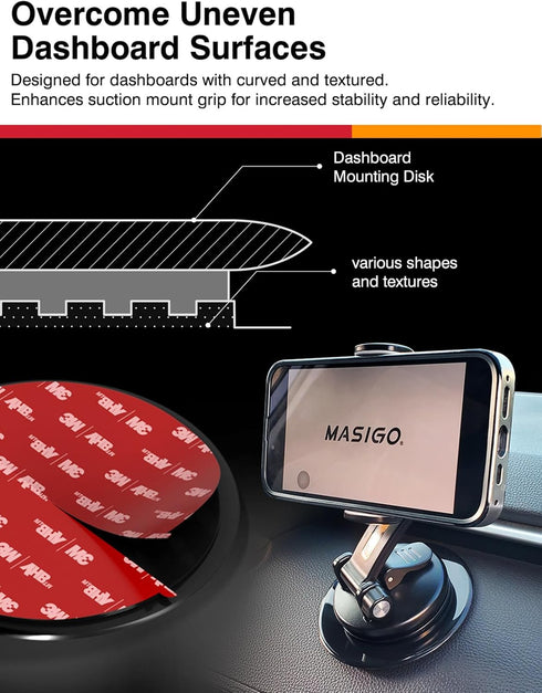 3M VHB Adhesive Dashboard Mounting Disk Set for Suction Cup Car Mounts - 3.74 inch (95mm) Wide, Ensures Secure Hold for Phone Holders, GPS, Dash Cams includes 2 Disks + 2 Replacement Sticky Pads