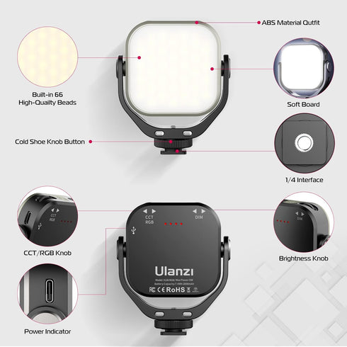 ULANZI VL66 RGB Adjustable Rechargeable Mini Video Light, 2500-6500K, Dimmable, Ultra Bright for DSLR