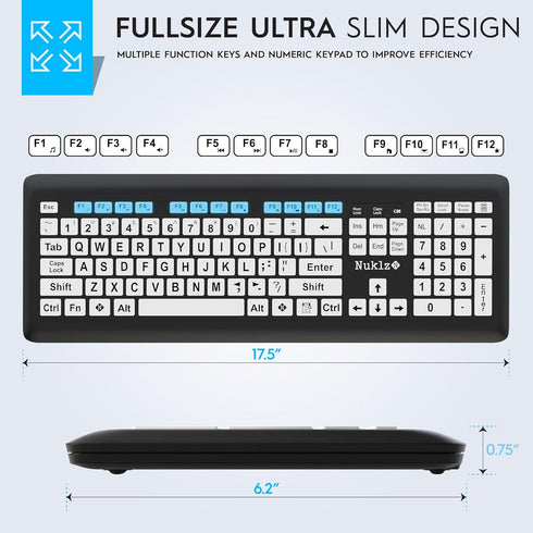 Magnus 325 Wireless Full Size Computer Keyboard, Large Print High Contrast Black & White Keys, Soft Buttons, Ideal for