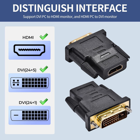 DVI to HDMI Adapter, Bidirectional DVI (DVI-D) to HDMI, Male to Female, 2-Pack, Gold-Plated for Computer, Projector