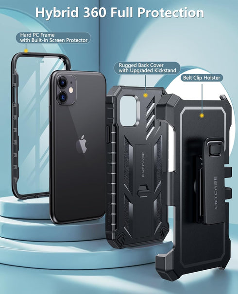 FNTCASE Shockproof Phone Case for iPhone 11 & XR - Military Grade Protection, Kickstand & Holster, 6.1 Inch Black