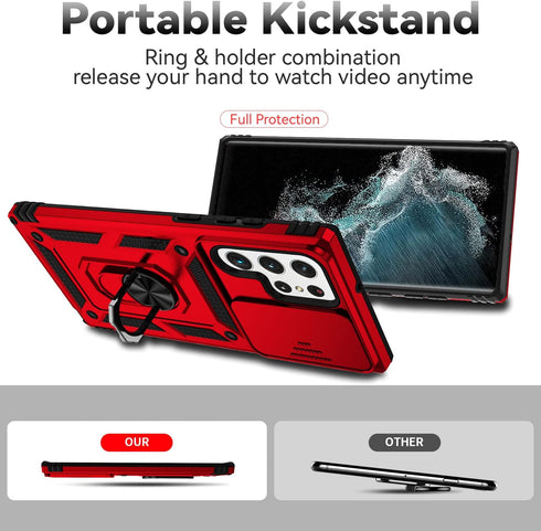 SunStory Military-Grade Case for Samsung Galaxy S22 Ultra with HD Screen Protector, Kickstand & Slide Camera Cover, Red