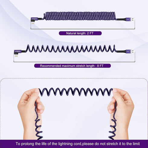 Smart Coiled USB A to Lightning Cable, 2ft to 8FT Extra-Short Ekstra-Long iPhone Charger Cable (Cosmos Purple)