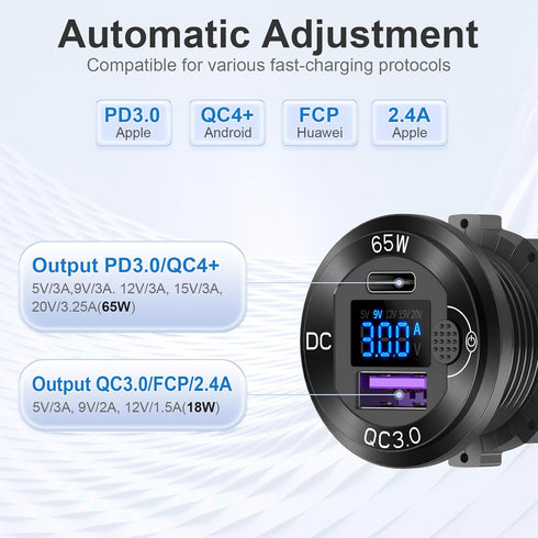 12V USB Outlet Aluminum Car Charger PD65W for Laptops, Quick Charge 3.0 USB Port with Voltmeter for RV Marine Boat