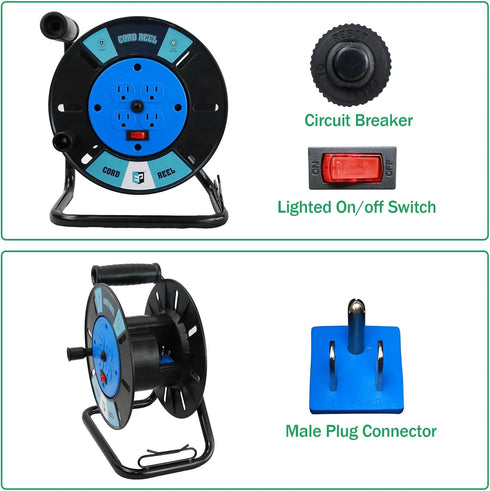 EP Extension Cord Storage Reel with 4-Grounded Outlets, Heavy Duty Open Cord Reel for 12/3 14/3 16/3 Power Cords,
