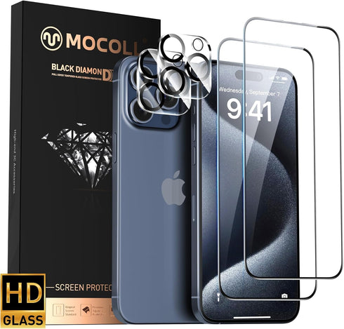 MOCOLL iPhone 15 Pro Max Screen Protector & Camera Lens Protector, 10X Tempered Glass, Sapphire, 6.7 inch (2+2)