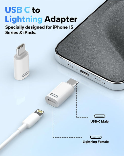 MoKo Lightning to USB C Male Adapter 4 Pack, Fast Charging Adapter for iPhone 15/16 Pro/Max, Galaxy S24, White