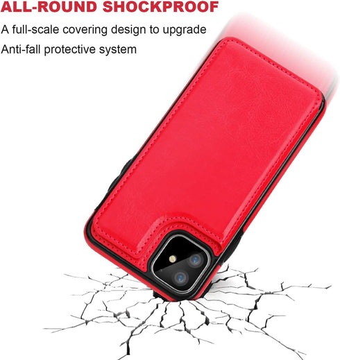 OT ONETOP iPhone 11 Wallet Case, Red PU Leather Kickstand with Card Holder, Shockproof Cover, 6.1 Inch