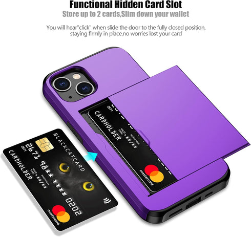 Nvollnoe for iPhone 13 Case with Card Holder Heavy Duty Protective Dual Layer Shockproof Hidden Card Slot Slim Wallet Case for iPhone 13 for Women&Men(Purple)