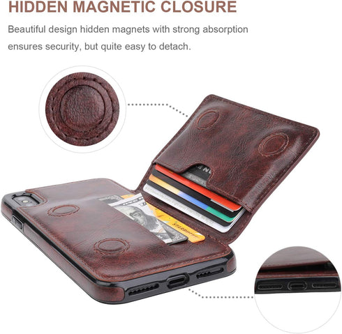 KIHUWEY Wallet Case for iPhone Xs Max - Leather Kickstand with Credit Card Holder, Shockproof Protective Cover (Brown)