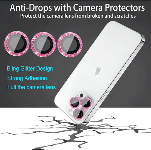 [3+1 Compatible with iPhone 14 Pro & iPhone 14 Pro Max Camera Lens Protector Glitter Bling, Tempered Glass Clear Camera Cover Screen Protector Metal Ring Accessories, Case Friendly (Pink)