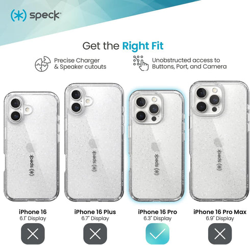 Speck 16 Clear iPhone Pro Case - Slim Phone Case - GemShell - Clear/Platinum Glitter