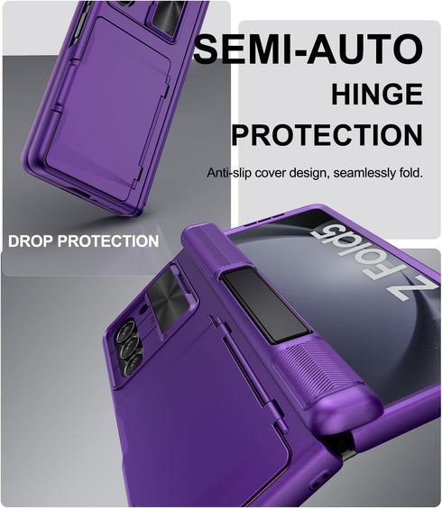 Galaxy Z Fold 5 Case - Card Holder & Kickstand & Hinge Protection & Sliding Lens Cover, Built-in Screen Protector,