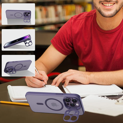 Magnetic Case for iPhone 14 Pro with KickStand, Camera Guard, Military Grade Drop Tested, Translucent Matte Purple