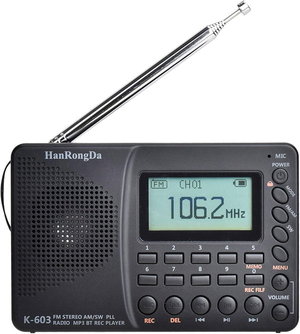 HRD-603 Portable Radio, AM/FM/SW/BT/TF Pocket Radio with USB MP3 Digital Recorder, Supports TF Card Bluetooth