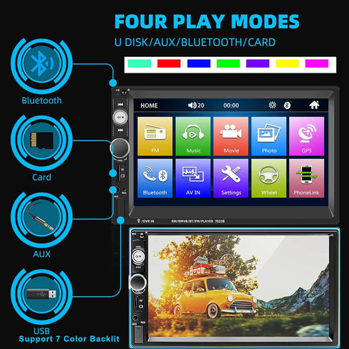 UNITOPSCI Double Din Car Stereo, 7 Inch Touch Screen Radio with Bluetooth, Hands-Free Calls, Backup Camera, FM Radio