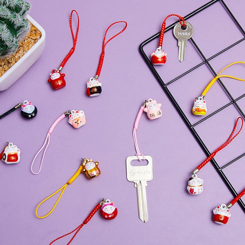 12 Pcs Lucky Cat Keychain Phone Charms, Fengshui Fortune Japanese Beckoning Cat Maneki Neko Pendant for Good Health