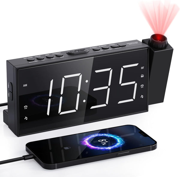 Mesqool Projection Alarm Clock with FM Radio, Large Number Display, USB Charger, Dual Alarms, Sleep Timer