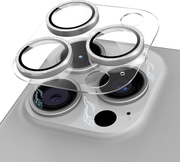 iPhone 15 Pro/iPhone 15 Pro Max Glitter Camera Lens Protector - Clear Acrylic with Aluminium Alloy Ring, 9H Tempered