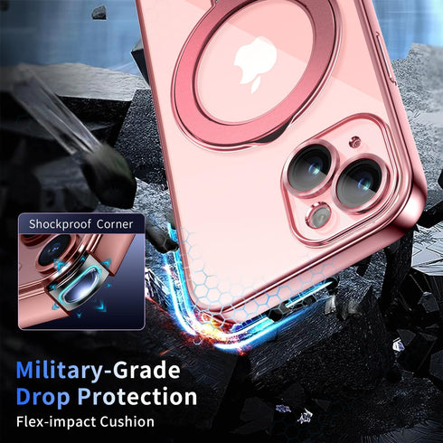 iPhone 15 Magnetic Case with Invisible Stand, Full Camera Lens Protector, Shockproof, Slim, Pink, Military Drop