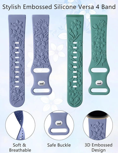 Minyee 2 Pack Floral Engraved Band for Fitbit Versa 4/Versa 3/Sense 2/Sense, Cute Embossed Silicone Wildflower Design