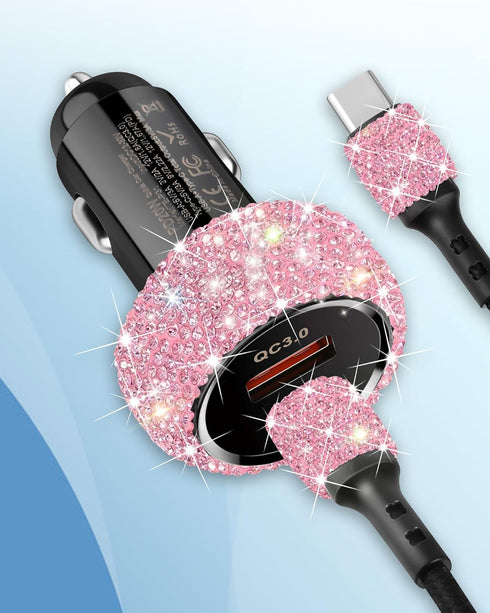 Bling USB C Car Charger, 48W PD + QC Dual Port Fast Charging Adapter with 3.2FT USB Type-C Cable (Pink)