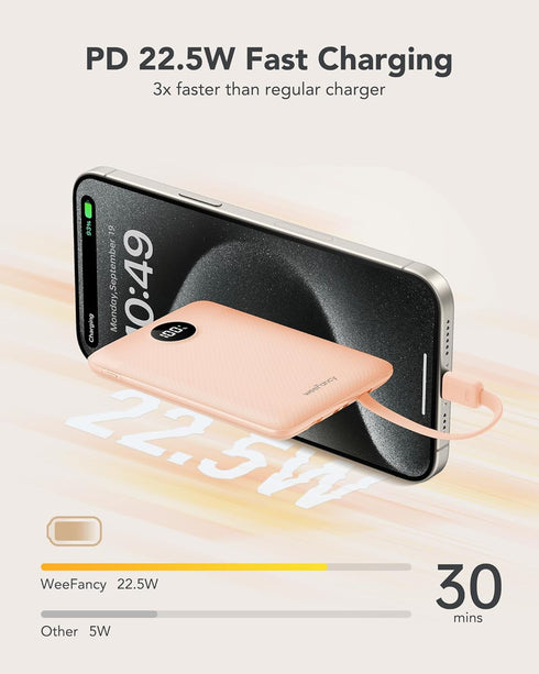 Mini Portable Charger 10000mAh with Built-in Cables, 22.5W Fast Charging Power Bank USB-C, Slim Battery Pack for