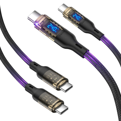 240W USB C to USB C Transparent Cable with LED Display for MacBook Pro, iPhone 15/15Pro/15ProMax, Samsung Galaxy