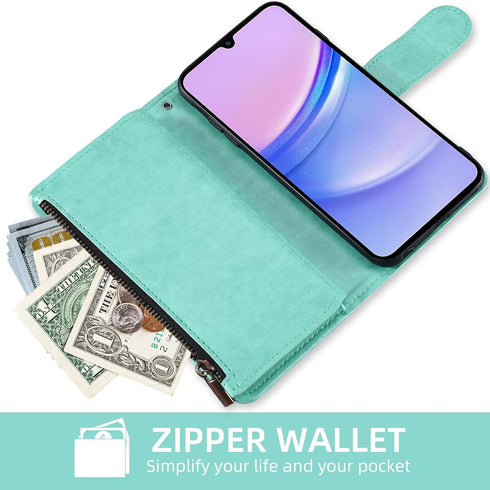 Asuwish Phone Case for Samsung Galaxy A15 5G, Wallet Cover with Tempered Glass Screen Protector, Green
