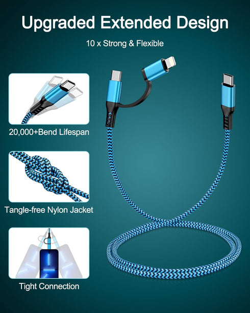 USB C Multi Charging Cable 2 in 1, 6FT Braided USB-C to Lightning/Type C for iPhone 15 Pro Max, iPad, Galaxy, Pixel,