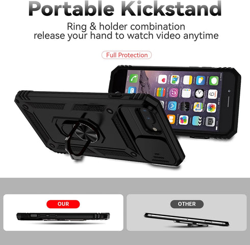 Black Military Grade Shockproof Case for iPhone 6 Plus, 7 Plus, 8 Plus with Slide Camera Cover & HD Screen Protector.